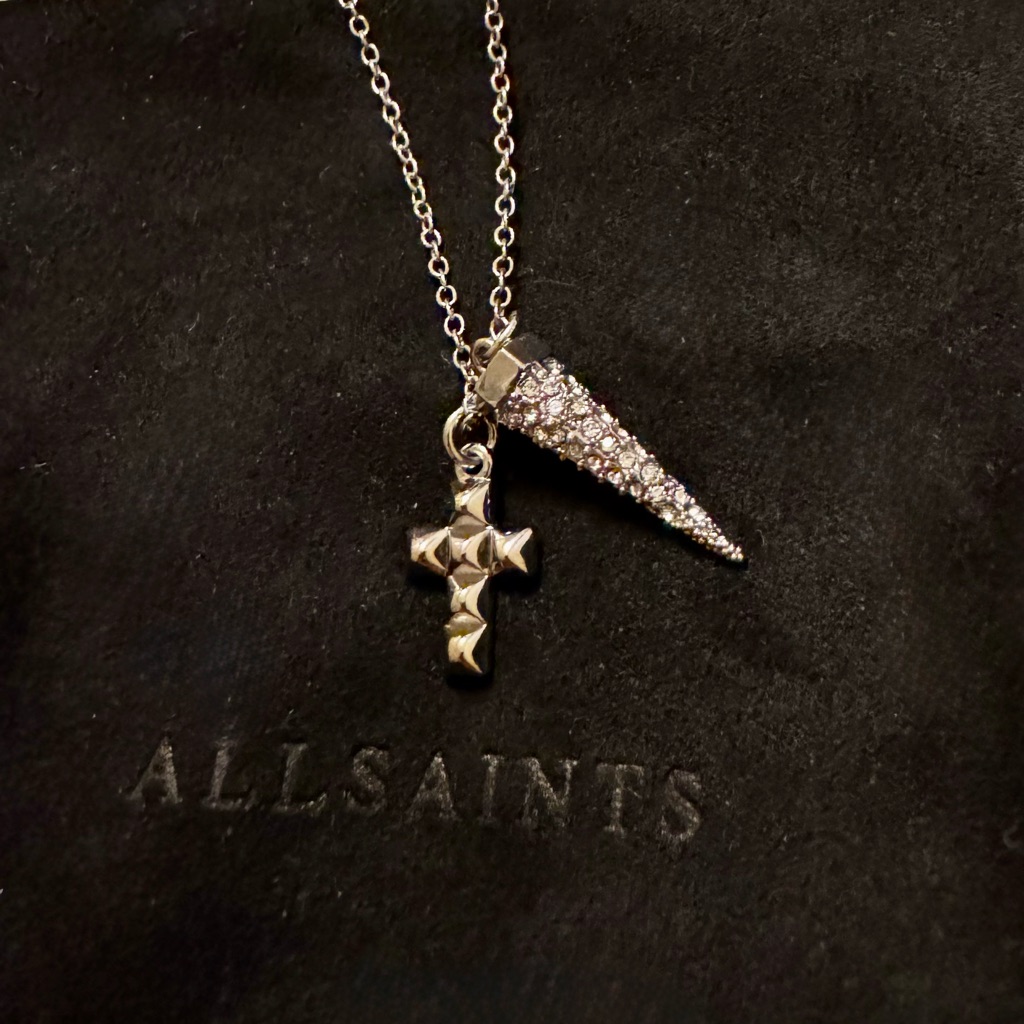 Allsaints Spike And Cross Necklace Silver-Tone Crystal Pav Nwt 45$
